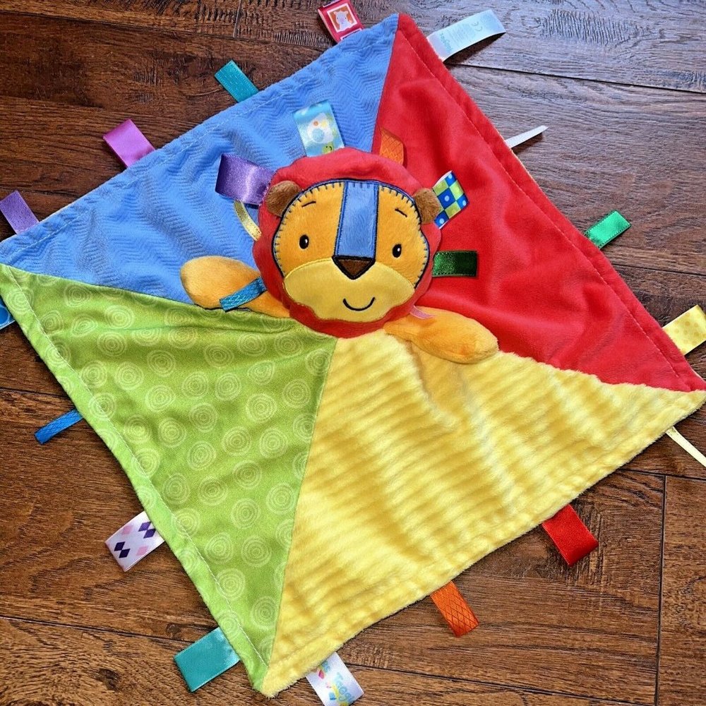 Taggies Lovey Lion Baby Security Blanket Colorful Soft Tags Plush 14" x 14"